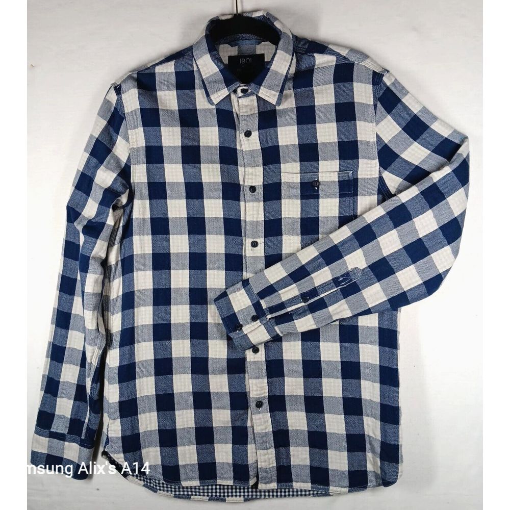 1901 Shirt Adult Medium Slim Fit‎ Blue White Linen Long Sleeve Button Up Mens